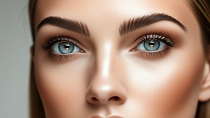 Obraz premium Close-up facial features, piercing blue eyes, perfectly groomed eyebrows, flawless skin, warm tones, high contrast, beauty photography, soft lighting, ultra-detailed, photorealistic, 8k resolution, be