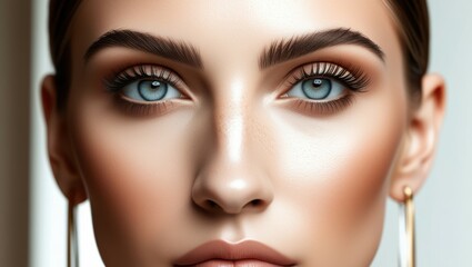 Close-up facial features, piercing blue eyes, perfectly groomed eyebrows, flawless skin, warm tones, high contrast, beauty photography, soft lighting, ultra-detailed, photorealistic, 8k resolution, be