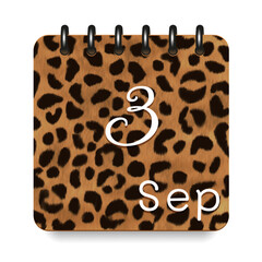 September. Leopard print calendar daily icon. White letters. Date day week Sunday, Monday, Tuesday, Wednesday, Thursday, Friday, Saturday.