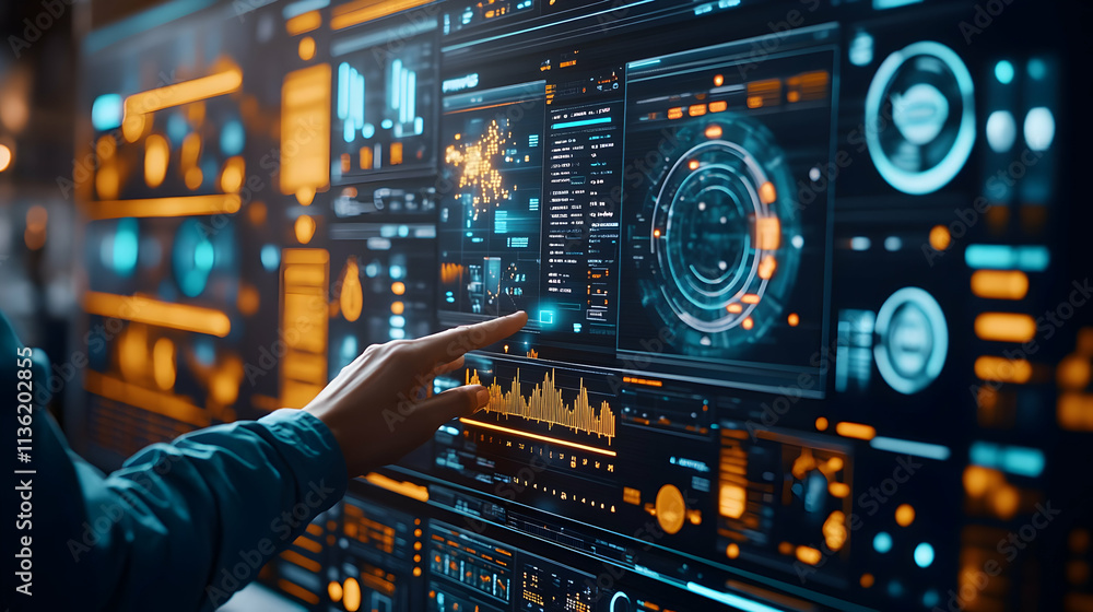 Poster hand interacting with a futuristic digital interface displaying data visualizations and graphs.