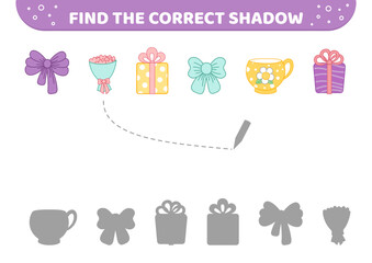 Find the correct shadow. Feast elements. Shadow matching game. Cartoon, isolated vector illustration eps 10
