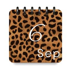 September. Leopard print calendar daily icon. White letters. Date day week Sunday, Monday, Tuesday, Wednesday, Thursday, Friday, Saturday.