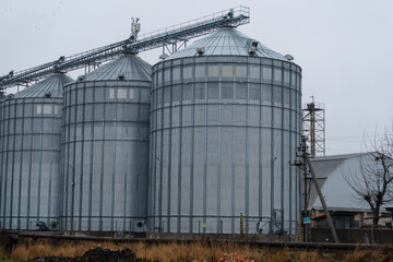 Metal silos for grain storage stand near farms under a gray sky, highlighting rural industry
