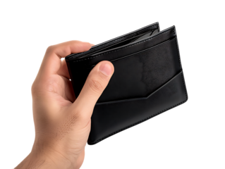 Male Hands Holding an Empty Black Wallet, Isolated on a Transparent Background, Perfect for Finance, Personal, or Lifestyle-Themed Designs