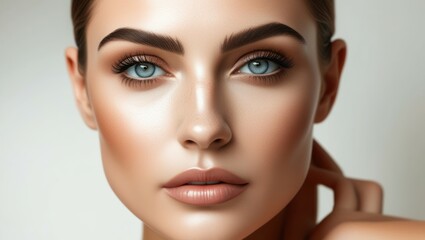 Fototapeta premium Close-up facial features, piercing blue eyes, perfectly groomed eyebrows, flawless skin, warm tones, high contrast, beauty photography, soft lighting, ultra-detailed, photorealistic, 8k resolution, be
