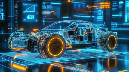 Fototapeta premium 3D rendering of an electric car with a transparent floor showing the engine