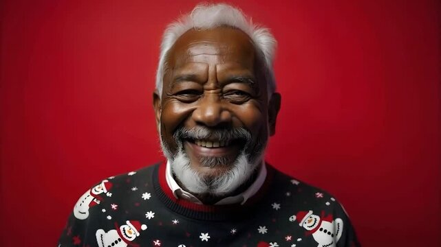 Smiling black African American man in a Christmas jumper on a red background