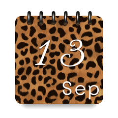 September. Leopard print calendar daily icon. White letters. Date day week Sunday, Monday, Tuesday, Wednesday, Thursday, Friday, Saturday.