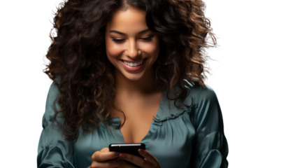 Happy Latin woman wearing a blue shirt, engrossed in her smartphone with a genuine smile, isolated on transparent background.