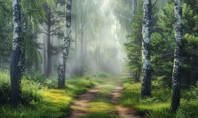 Obraz premium A serene, misty forest with tall trees and soft sunlight filtering through the canopy, creating a peaceful and mysterious atmosphere.