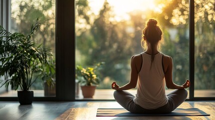 Woman meditating at home with beautiful sunrise view from window