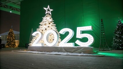 Obraz premium The green background features a minimalist Christmas tree and the numbers 2025. The design emphasizes calorie content, simplicity and creativity.