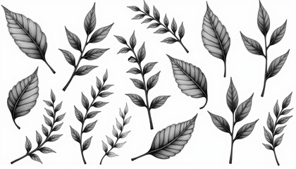 Fototapeta premium Charcoal sketches of various leaves and branches, subtle and detailed natural elements