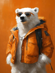 Polar Bear in an Orange Jacket, Trendy Animal Portrait