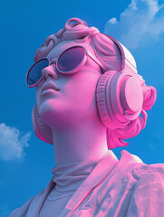 Pink Marble Statue with Headphones and Sunglasses, Modern Art, Music, and Culture
