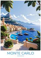 Monaco Monte Carlo Retro Travel Poster Illustration Eco Friendly Canvas Wall Art