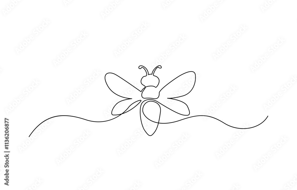 Poster bee single line art, continuous one line drawing of isolated outline vector art, one continuous line