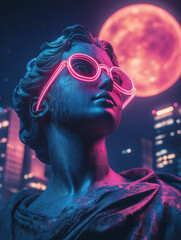 Ancient statue with neon glasses in a futuristic city. Concept of vintage meets modern, art deco, and cyberpunk.