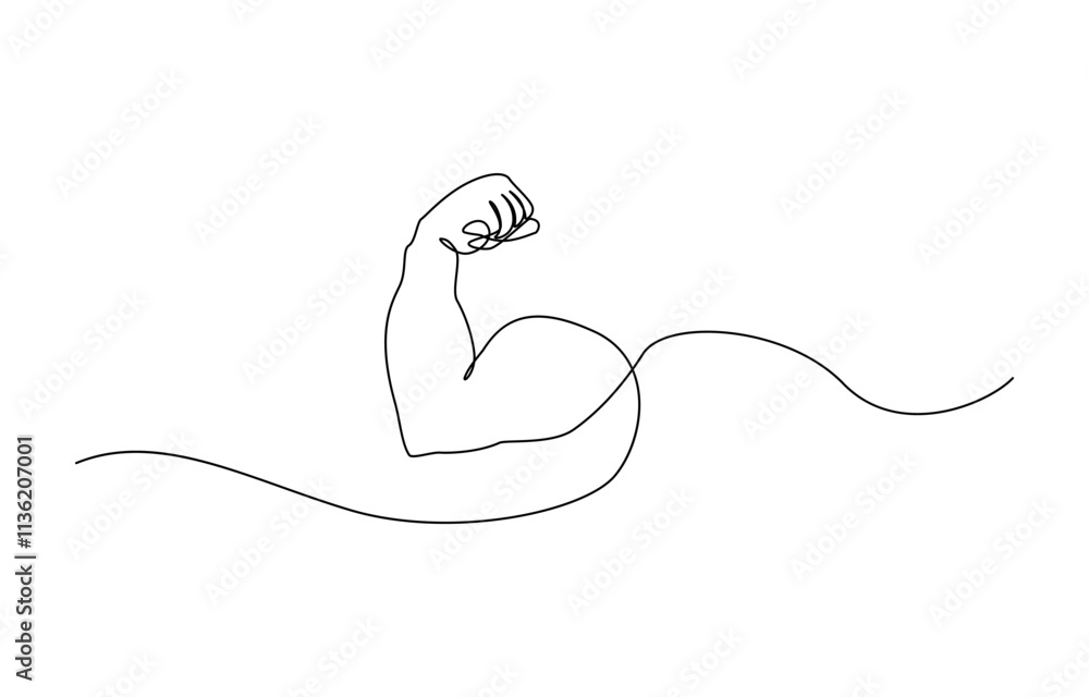 Aufkleber Arm shows bicep fist. Continuous one line vector, Man's hand shows a fist on the biceps in line style. Continuous one line vector drawing ,  shows bicep continuous one line vector drawing.