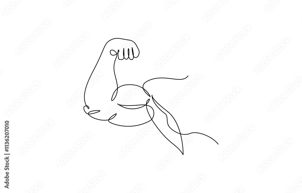 Aufkleber Arm shows bicep fist. Continuous one line vector, Man's hand shows a fist on the biceps in line style. Continuous one line vector drawing ,  shows bicep continuous one line vector drawing.