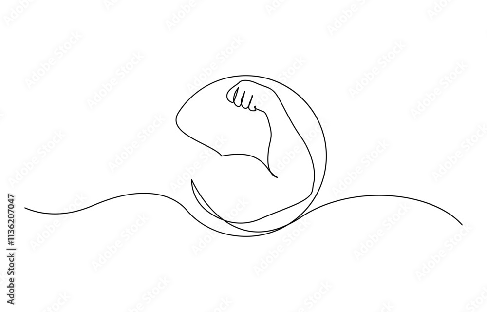 Aufkleber Arm shows bicep fist. Continuous one line vector, Man's hand shows a fist on the biceps in line style. Continuous one line vector drawing ,  shows bicep continuous one line vector drawing.