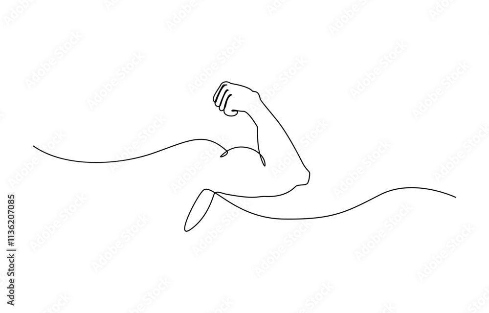 Aufkleber Arm shows bicep fist. Continuous one line vector, Man's hand shows a fist on the biceps in line style. Continuous one line vector drawing ,  shows bicep continuous one line vector drawing.
