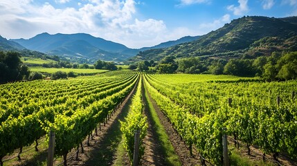 Naklejka premium A picturesque vineyard with rows of green vines stretching across the landscape. The sky above is a bright blue, adding to the overall sense of tranquility and beauty