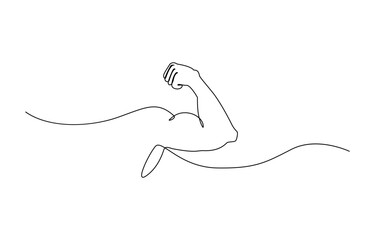 Arm shows bicep fist. Continuous one line vector, Man's hand shows a fist on the biceps in line style. Continuous one line vector drawing ,  shows bicep continuous one line vector drawing.