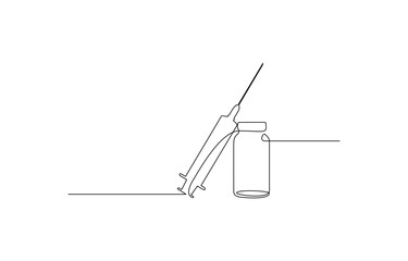 One continuous line drawing of medicine set with syringe and vial, Doodle contour vector illustration. One continuous line drawing of medicine set with syringe and vial. Pharmaceutical components.