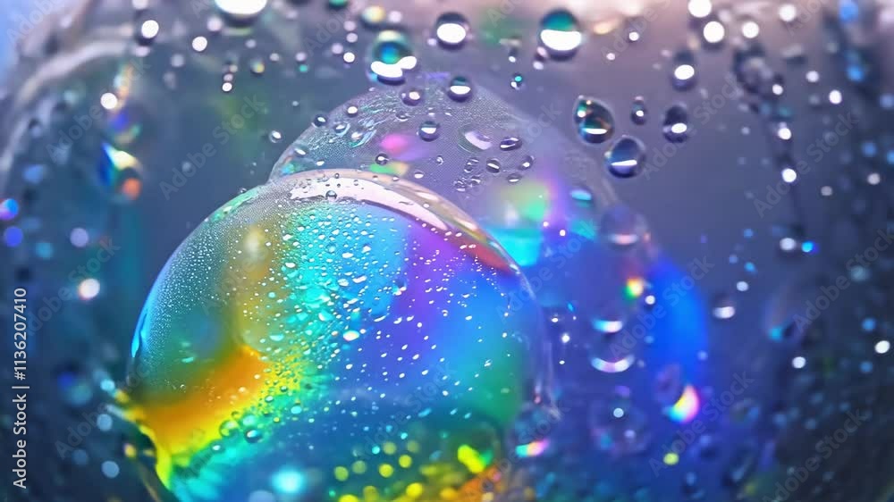 Poster camera zooms in to reveal a bubble texture featuring iridescent colors with spherical, translucent p