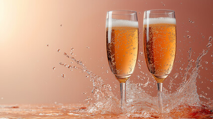 Champagne glasses with splash. Celebration, party, and new year concept.