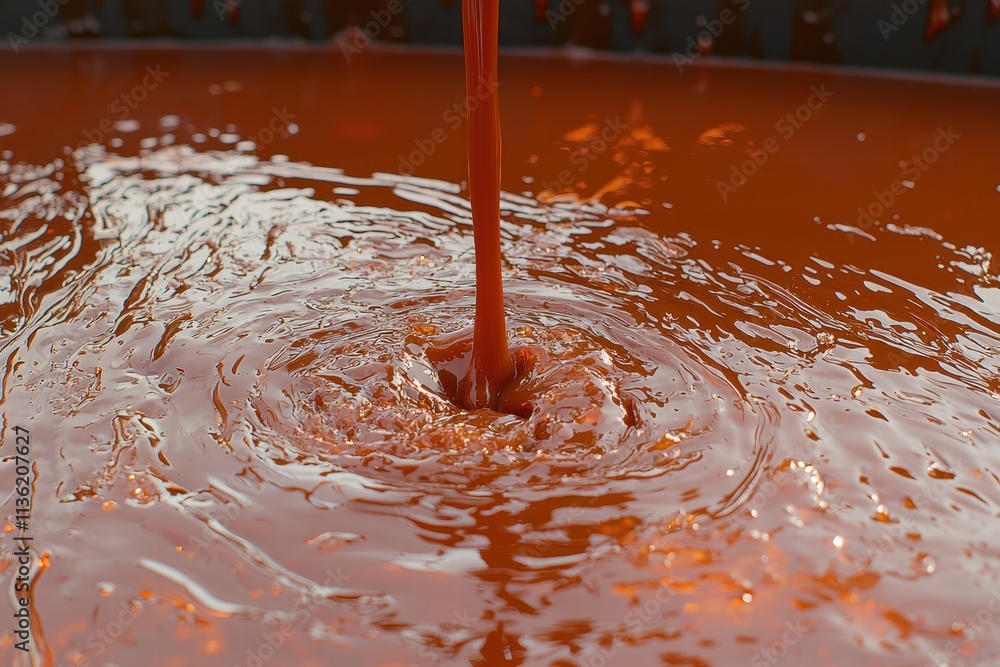 Poster liquid flowing into a pool with ripples and orange-red surface
