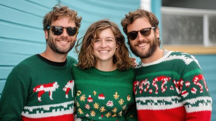 Obraz premium Celebrate Christmas Jumper Day With Cheerful Friends in Festive Sweaters and Sunglasses