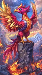 Majestic Phoenix Rising from Lava with Vibrant Colorful Feathers