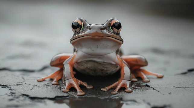 Orange frog with deformities sitting on wet cracked surface. Wildlife affected by chemical spills.