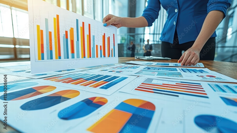 Poster business professional analyzing colorful statistical charts and graphs