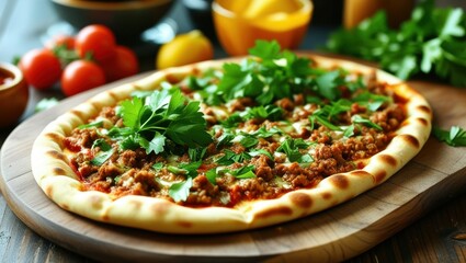 Rustic pizza, ground meat topping, fresh herbs, wooden board, colorful vegetables, vibrant colors, food photography, close-up shot, artisanal cuisine, Italian food, comfort meal, gourmet presentation,