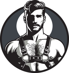 Gay man in leather harness with hairy chest in circle. Round black and white graphic gay symbol (vector)