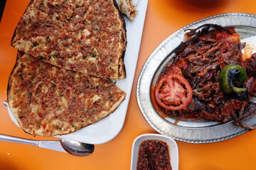 Lahmacun Pita a Traditional Turkish Meal with Minced Meat and Doner Kebab