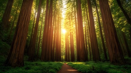 Obraz premium The forest has many trees and sunlight shines through the trees. The sunlight casts beautiful shadows on the ground.