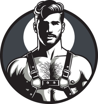 Gay man in leather harness with hairy chest in circle. Round black and white graphic gay symbol (vector)