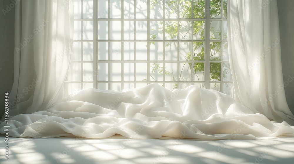 Poster soft white fabric draped elegantly in a sunlit room with lush greenery visible through a large windo