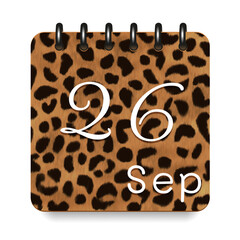 September. Leopard print calendar daily icon. White letters. Date day week Sunday, Monday, Tuesday, Wednesday, Thursday, Friday, Saturday.