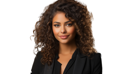 Elegant African American businesswoman in a dynamic office setting, leading with confidence, isolated on transparent background.