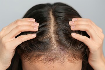 Fototapeta premium Female Pattern Hair Loss, Close Up. Woman Worried About Hair Loss, Checking Her Scalp, Thinning Hair