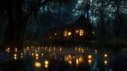 Fototapeta premium Enchanting Cabin Lights Glimmering on Dark Bayou Waters