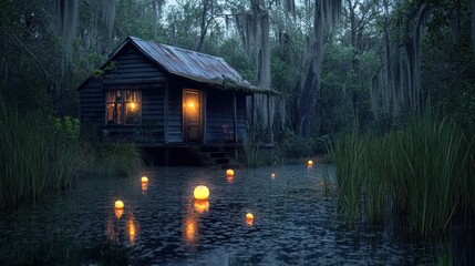 Fototapeta premium Illuminated Cabin on Still Swamp Water at Night
