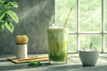 A refreshing iced green tea drink with a bamboo whisk and fresh leaves in a serene setting.