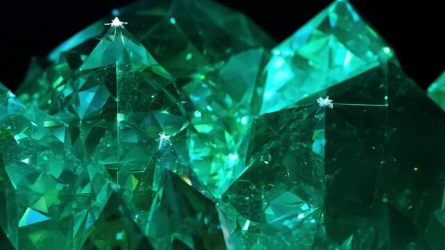 Timelapse video observes crystal growth texture in emerald greens and azures with geometric patterns