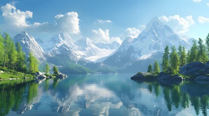 Beautiful mountain landscape with a lake in the foreground. Snow-covered mountains, lush green trees, clear sky and beautiful sun.